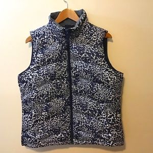 Lands End Navy/White Flowers Down Vest L